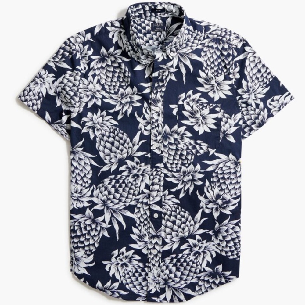 J CREW Navy Blue White Pineapple Print Short-Sleeve Button-Up SLIM Fit Shirt M